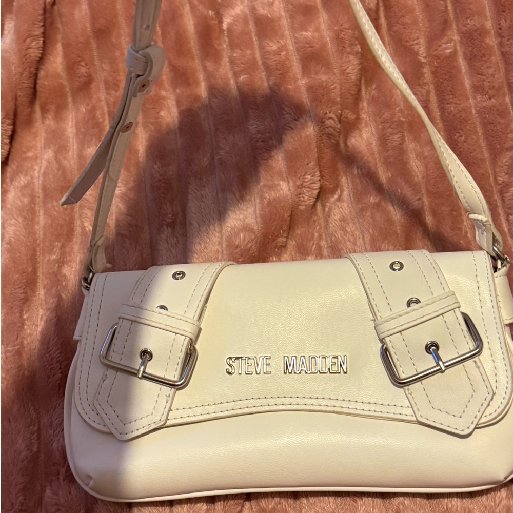 Steve Madden Cream Shoulder Bag with Flap Closure and Decorative Buckles